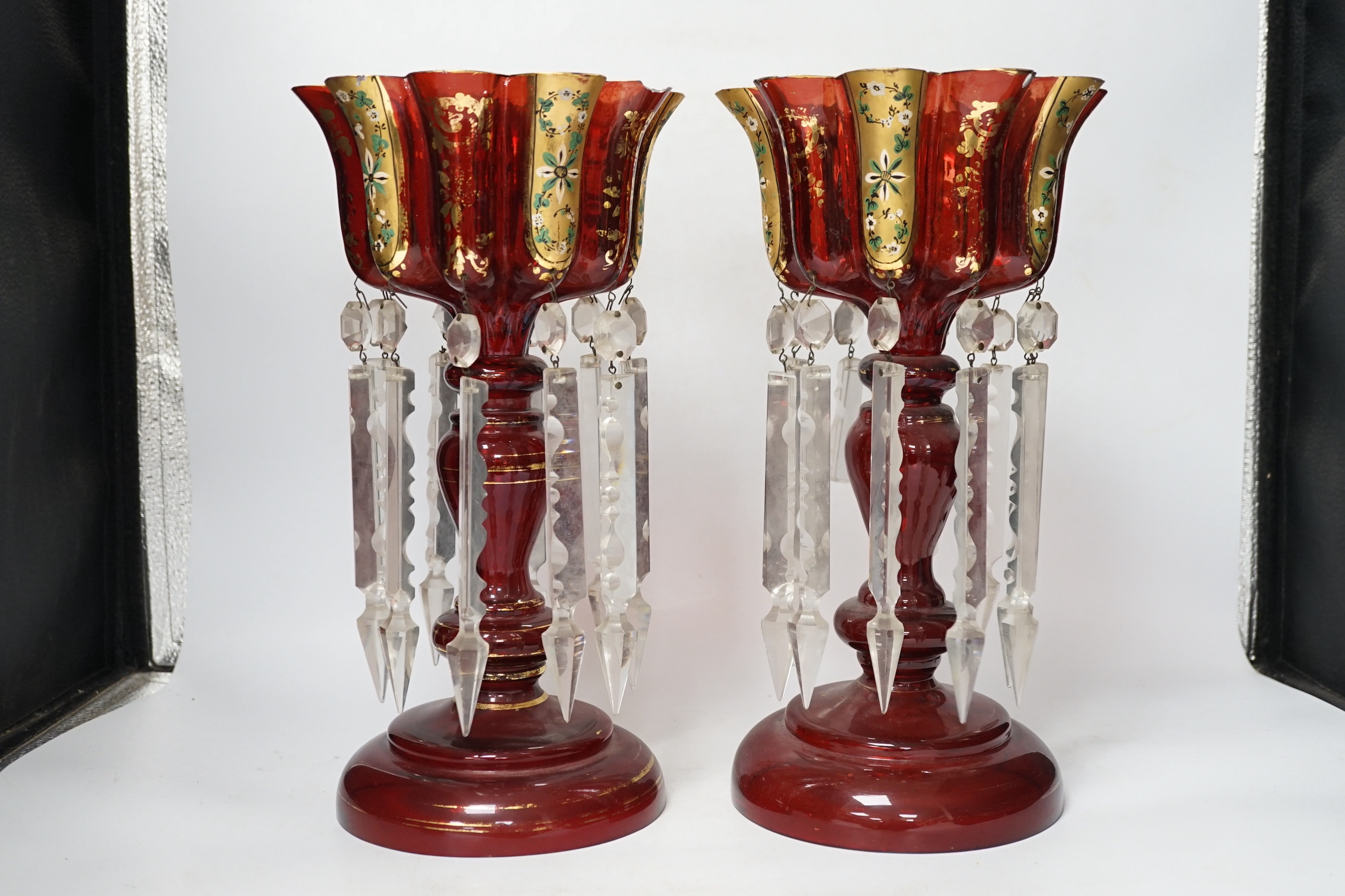 A pair of Continental overlaid ruby glass table lustres, 34.5cm